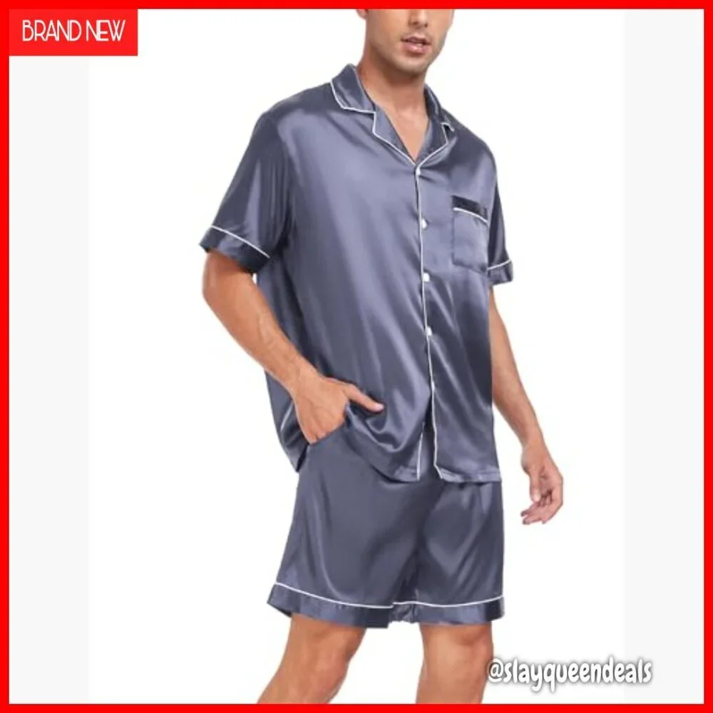 Men's Satin Silk Pajama Set Short Sleeve Button-Down Lounge Wear with Pockets